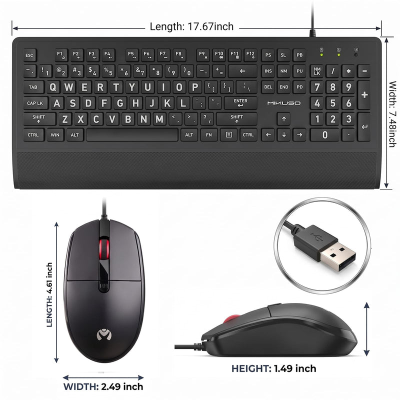 Large Print Keyboard Mouse Combo for Seniors, Wired 3-in-1 Set | 4X Oversized Print, Laser-Etched Non-Fade, Full-Size Numpad, Mouse + Pad + Dust Cover, Ergonomic Design Black（3 in 1）