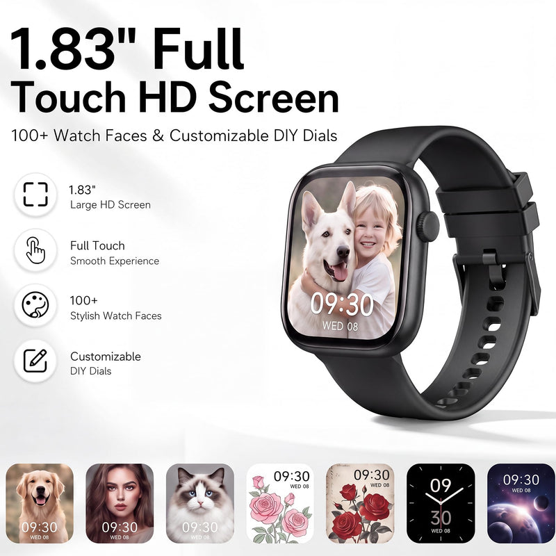 Smart Watch for Women Men, Bluetooth Answer/Make Call, 1.83" HD Touchscreen | IP67 Waterproof Fitness Tracker, Heart Rate/Sleep Monitor, DIY Dial, Multi-Sport Modes Pedometer, Smartwatch for iOS/Android Matte Black