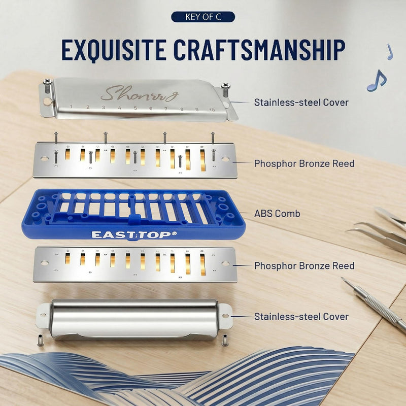 [AUSTRALIA] - EAST TOP Upgraded Blues Harmonica Key of C, Professional Diatonic Mouth Organ 10 Holes 20 Tones T009 2.0 for All Level's Players BLUE-C 