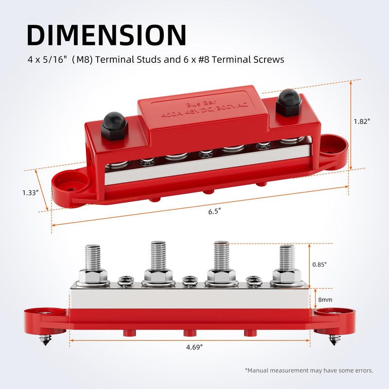 RVBOATPAT 400A Power Distribution Block 12V Bus Bar 4 x 5/16" (M8) Terminal Studs and 6 x #8 Terminal Screws 12 Volt Marine Bus Bar Positive & Negative 400A 4x5/16"(M8) Studs+6 x #8 Screws