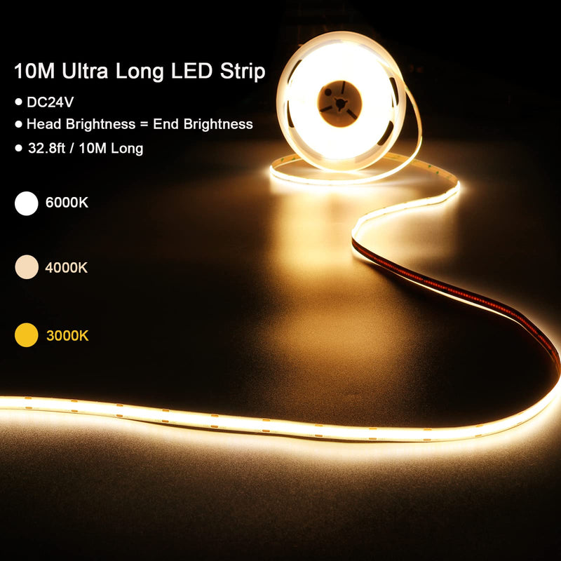 [AUSTRALIA] - 32.8ft(10M) 24V COB LED Strip Light Warm White 3000K 3840LEDs CRI 93+ 6800lm Uniform Glow Dotless IP20 Not Waterproof Flexible LED Tape Lights for DIY Cabinet Bedroom Home Decor(No Power Supply) 10 meters 