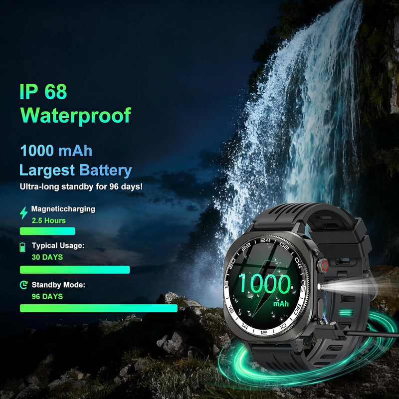 Smart Watch,2026 AMOLED 1.43",Bluetooth 5.4 Calling Smartwatch,1000mAh Battery,96 Days military watches,130+ Sports,Flashlight,Heart Rate,Sleep Monitor,IP68 Waterproof Fitness Tracker,for Android iOS A-Black