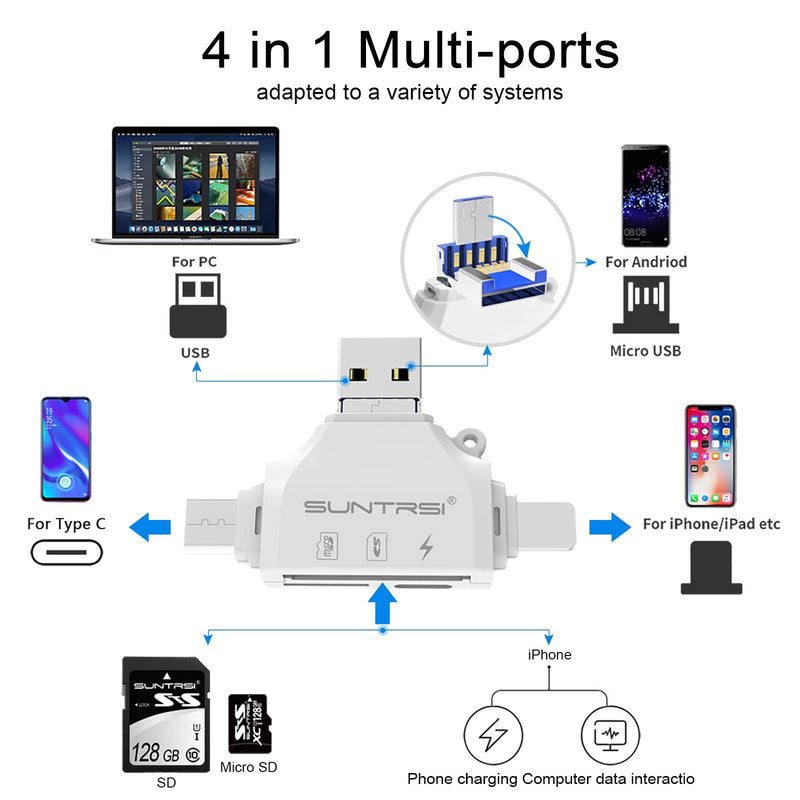 SD/Micro SD Card Reader for iPhone/ipad/Android/Mac/Computer/Camera,Portable Memory Card Reader 4 in 1 Micro SD Card Adapter&Trail Camera Viewer Compatible with TF and SD Card white