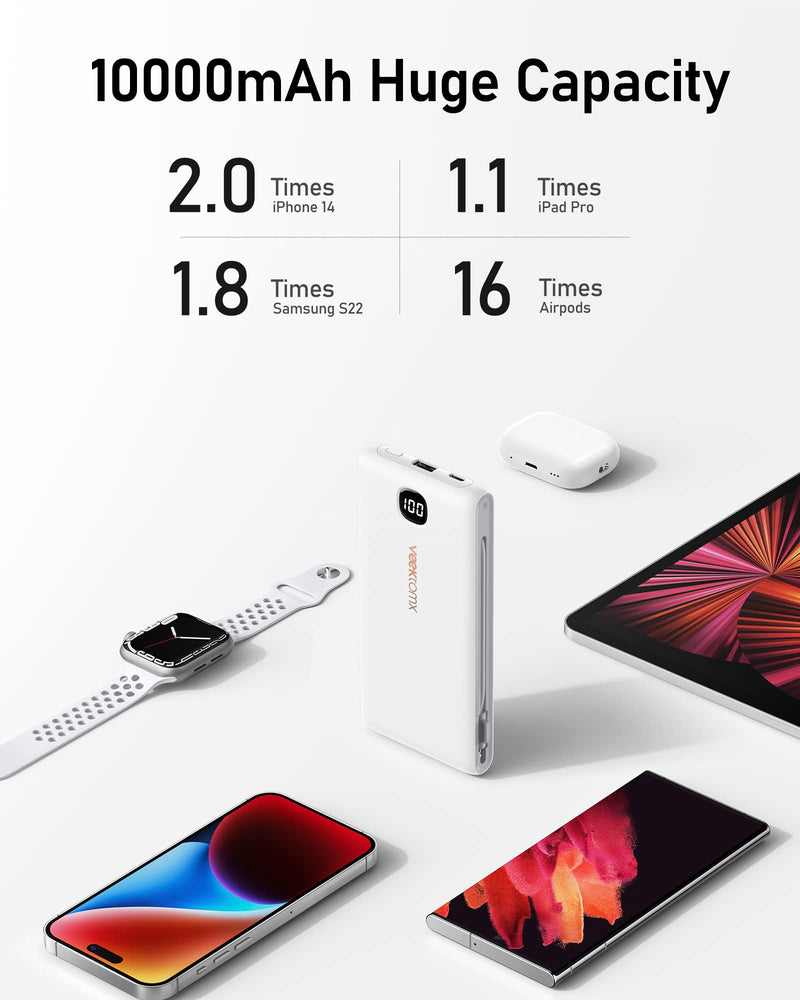 VEEKTOMX Power Bank with Built in Cables 22.5W 10000mAh, Portable Charger for iPhone with AC Wall Plug, Fast Charging USB C Slim iPhone Charger with LED Display Compatible with iPhone15/14/13, Samsung 10000mAh White