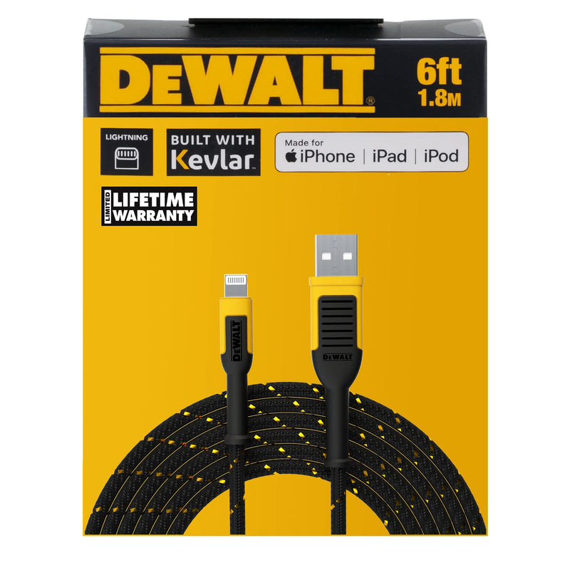 DEWALT Lightning to USB Cable — Reinforced Braided Cable for Lightning — 6 ft & 2-Port USB Wall Charger — NeverBlock Worksite Charger — Dual 5V 2.1A Power AC Adapter