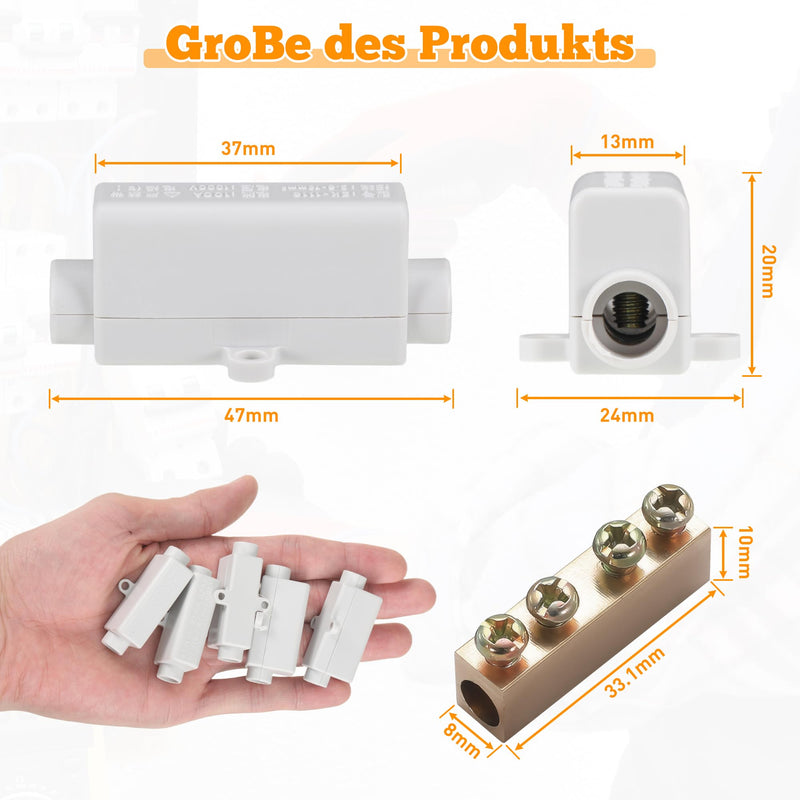 Pack of 5 wire connectors, cable connectors, terminal strips, electric luster terminals, 1000 V, 100 A, suitable for 2.5 to 16 mm² wire