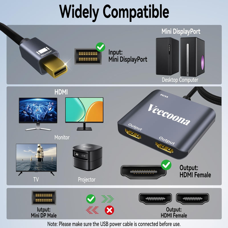 Mini DisplayPort to Dual HDMI Adapter | 4K60Hz for Dual Monitors | Thunderbolt 2 DP Male to HDMI Female Splitter Extended Display port splitter for MacBook Air/Pro, Mac mini, Surface Pro/Dock