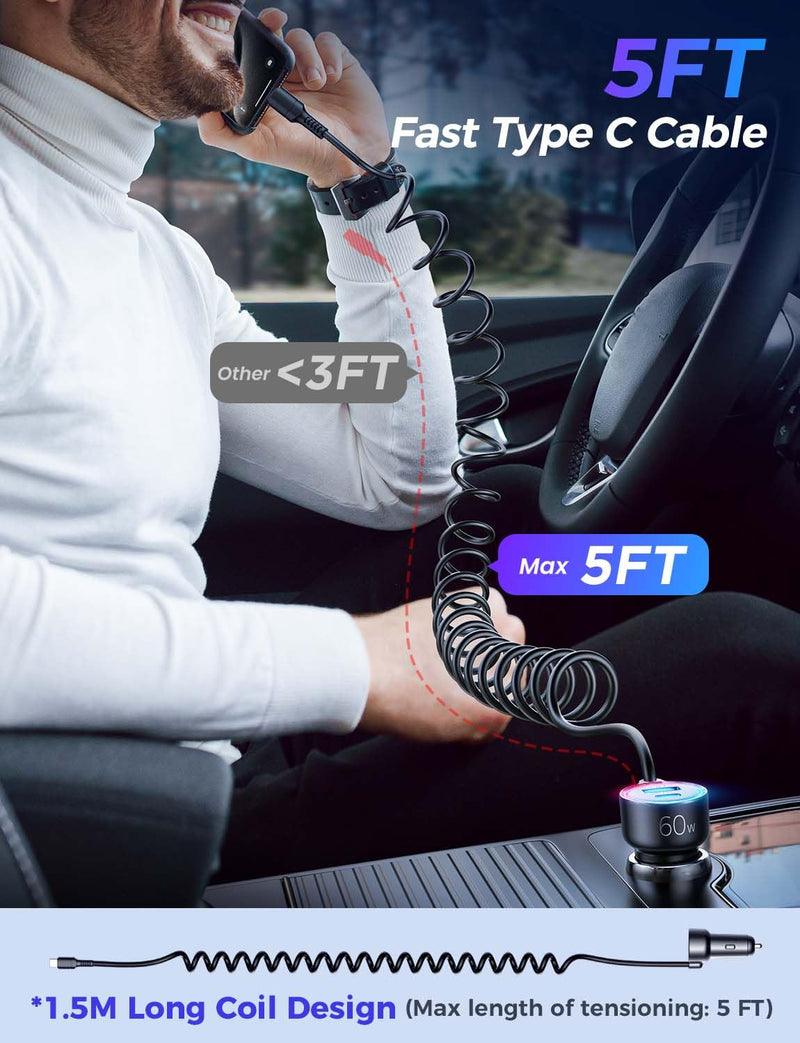 USB C 60W Super Fast Car Charger PD& QC3.0 with 5ft 30W Type C Coiled Cable, Car Phone Charger Adapter for iPhone 15 Pro Max Plus, Samsung Galaxy S23/S22/S21, Google Pixel/Moto/LG/Android, iPad Pro