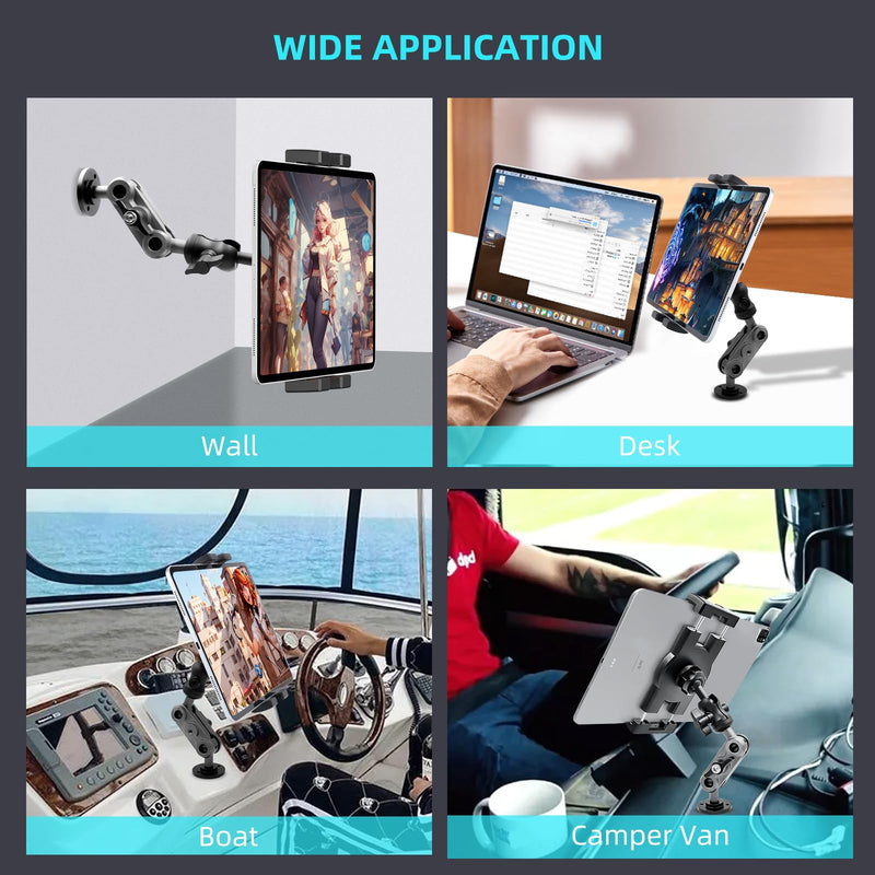 Aluminum Heavy Duty Drill Base Tablet Holder Car Mount Dashboard, 360° Adjustable 2-Stage Stand for 4.7-12.9" iPad Pro/Air/Mini/Samsung Galaxy Tab, for Car Truck Wall Desk Commercial Vehicle