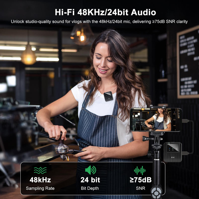 Wireless Lavalier Microphone for iPhone 16/15/14,Android,Camera,ipad and Laptop,Small iPhone Mic for Video Recording,TikTok,Noise Cancelling,48KHz/24Bit,10H Battery Life-K63