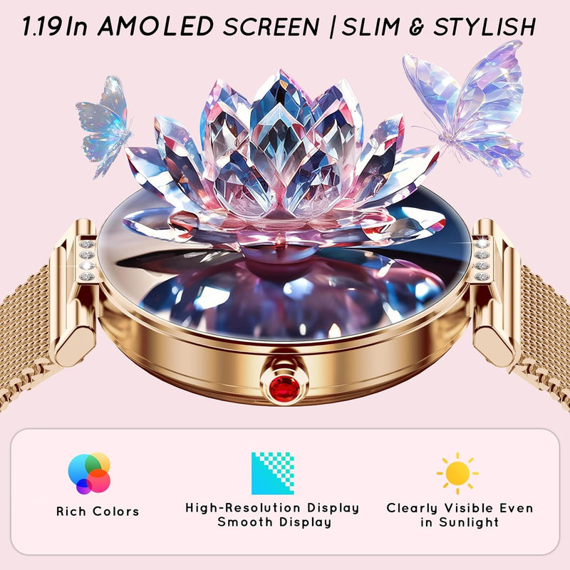 Smart Watch for Women for Android iPhone 3 Band 1.19” Small AMOLED 2000 Nit | Fitness Tracker Bluetooth Call/Heart Rate/SpO2/Sleep Monitor, DIY Dial, 120+ Sports Modes IP68 Waterproof, Rose Gold 1-Rose Gold