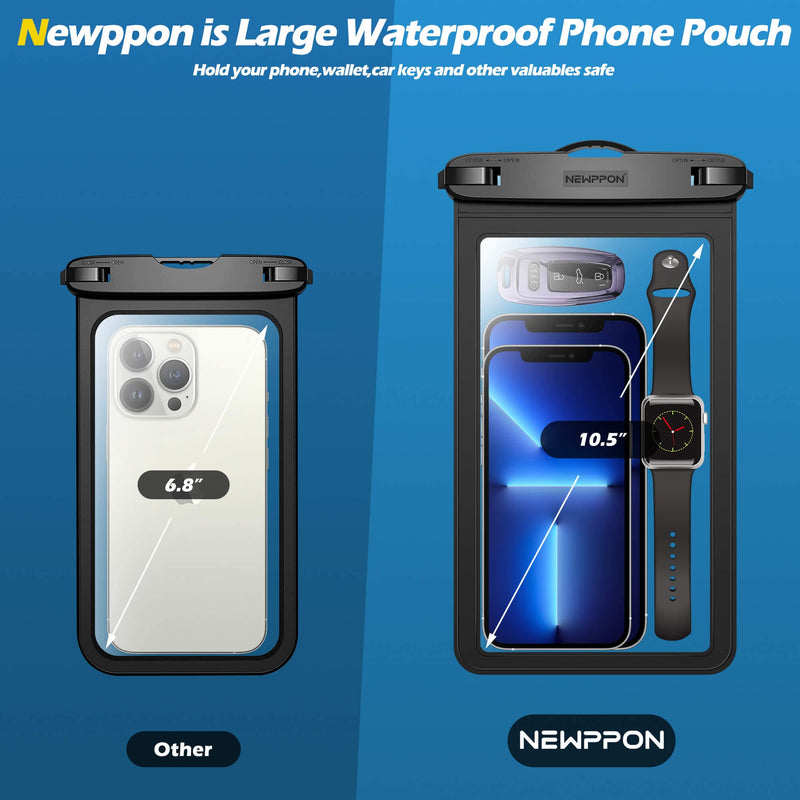 newppon Large Waterproof Phone Pouch : 2 Pack Underwater Clear Cellphone Holder - Universal Water-Resistant Dry Bag Case with Neck Lanyard for iPhone Samsung Galaxy for Beach Swimming Pool Black+Black