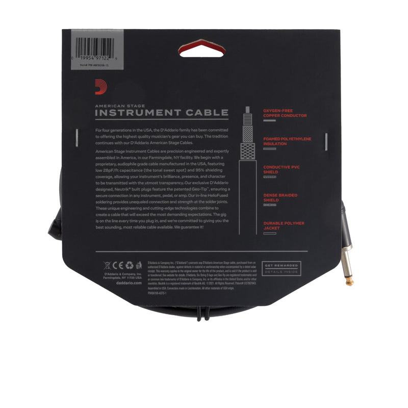 Planet Waves PW-AMSGRA-15 American Stage Instrument Cable 15 feet Straight to Right Angle