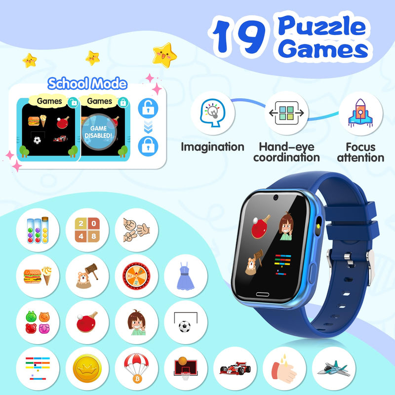 Smart Watch for Kids Suitable for Boys and Girls 4-12 Years with 19 Games Camera Video Music Alarm Clock Audiobook Learn Card Calculator Educational Kids Smartwatch Toys Birthday Idea(Blue)