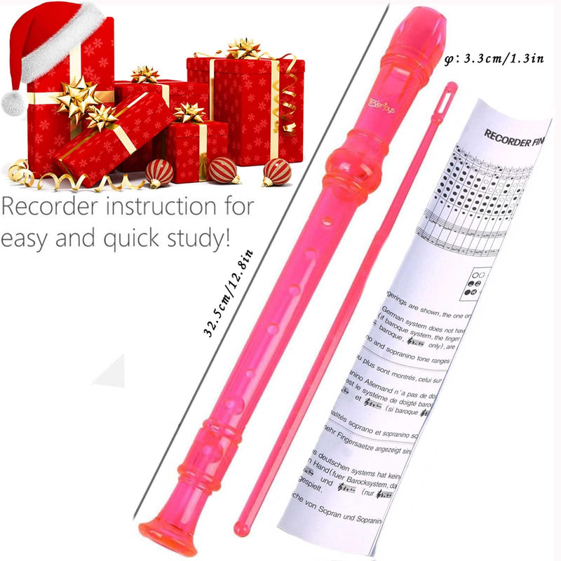 Everjoys Soprano Recorder for Beginners Students in School - German Style C Key 8 Hole Flute Detachable 3pcs ABS Crystal Music Recorder w/Cleaning Rod,Bag and Fingering Chart, Transparent Bobby Pink Rose Red