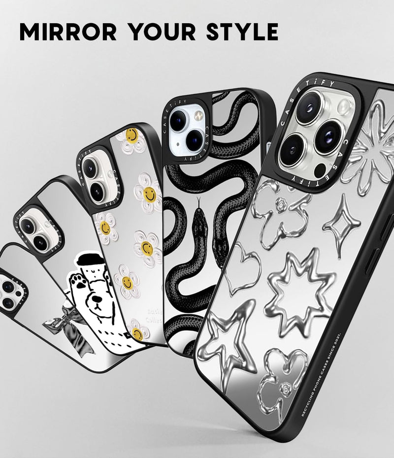 CASETiFY for iPhone 15 Plus Case - Mirror Compatible with MagSafe | Spider Man CoLab | Reflective | 4.9 ft. Drop Protection | Spider-Man Newspaper Sticker Case | Silver On Black 15 Plus Magsafe Mirror