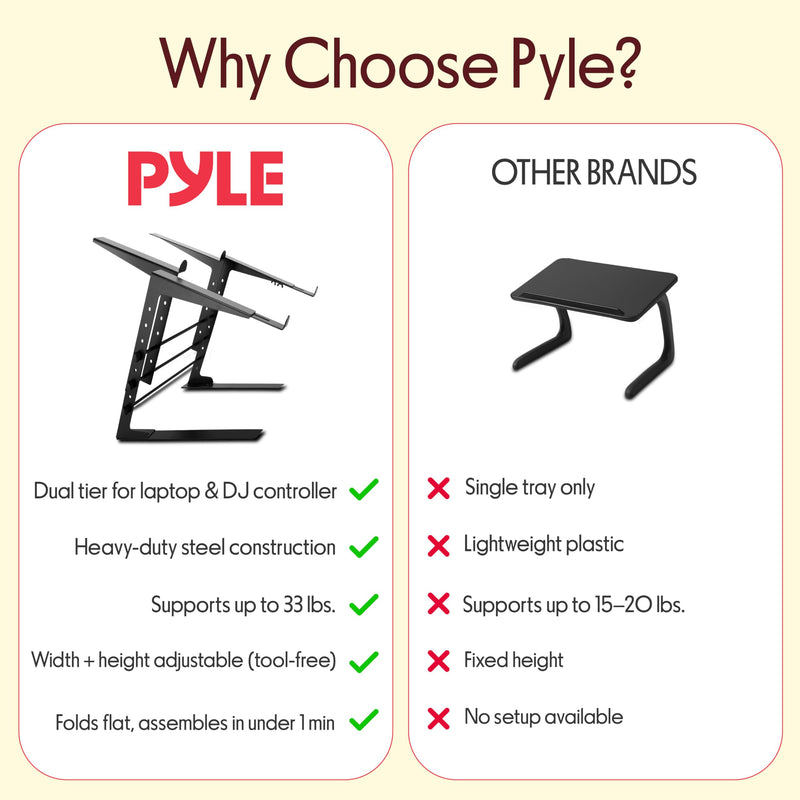 Pyle Portable Dual Laptop Stand - Universal Standing Table with Adjustable Height, Ergonomic Design and Anti-Slip Prongs for DJ Mixer, Sound Equipment, Workstation, Gaming and Home Use - PLPTS38