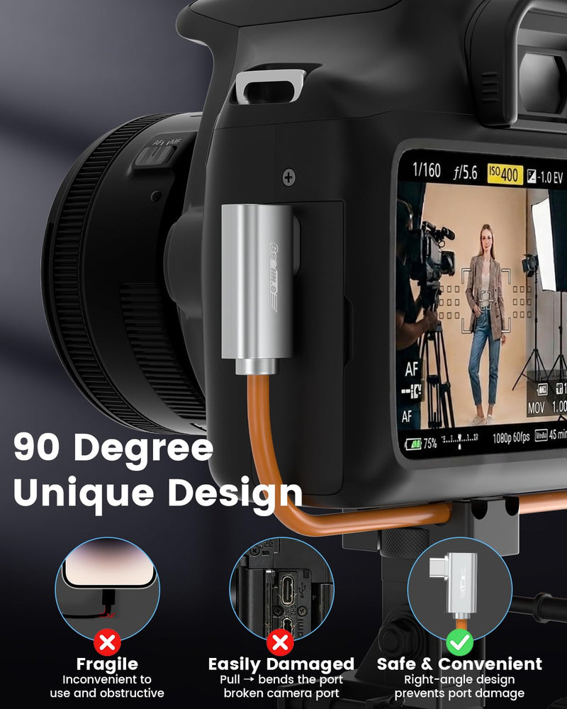 Fiber Optic USB C Tethering Cable 30 FT, 10Gbps 60W Right Angle Tether Cord | Bidirectional Data Transfer&German SiliconLine Chip Long Camera Tether Cable, Zero Data Loss for Sony Canon Nikon Computer VR Orange 30FT