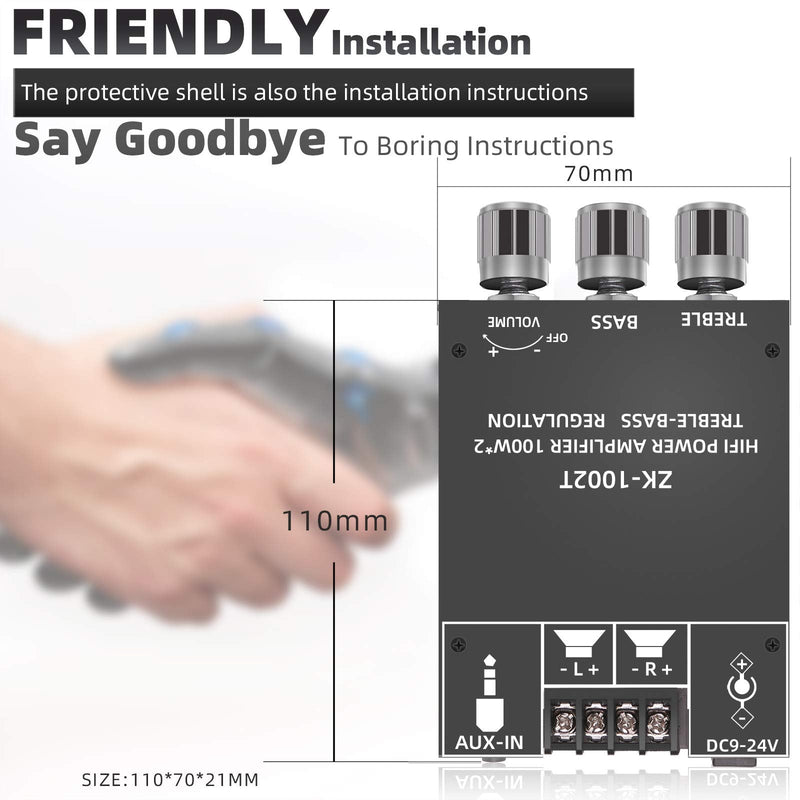 100W+100W Amplifier Board with Treble and Bass Control, DC 9-24V, BT and AUX Inputs, 2.0 Channel Stereo AMP Board for DIY Wireless Speakers, Password Free (ZK-1002T) ZK-1002T