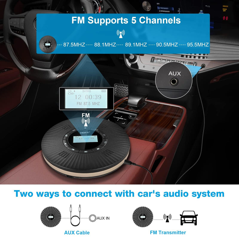 HOTT CD Player Portable with 4 Speakers, Portable CD Player with 5.3 Bluetooth and FM Transmitter with Big LCD Screen Rechargeable 1800mAh Small Walkman CD Players with Headphones for Car Home Travel C228 Black
