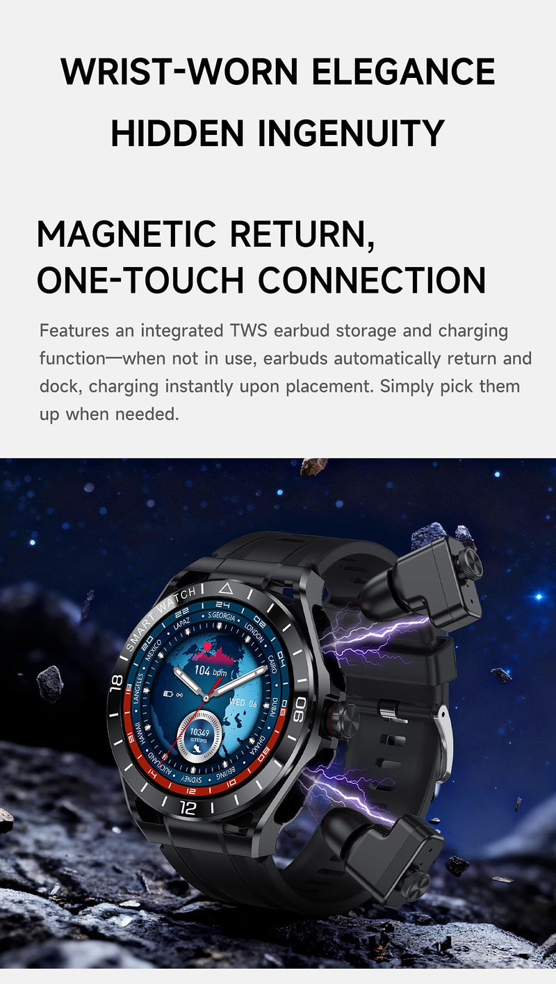 Smart Watch with Earbuds,Round 1.52'' Touch Screen,Modern Watches for Men Women,Headphones Combo(Answer/Calls),Fitness Tracker with Sleep Monitor, 100+ Sports Modes,for iPhone & Android Gold & Black