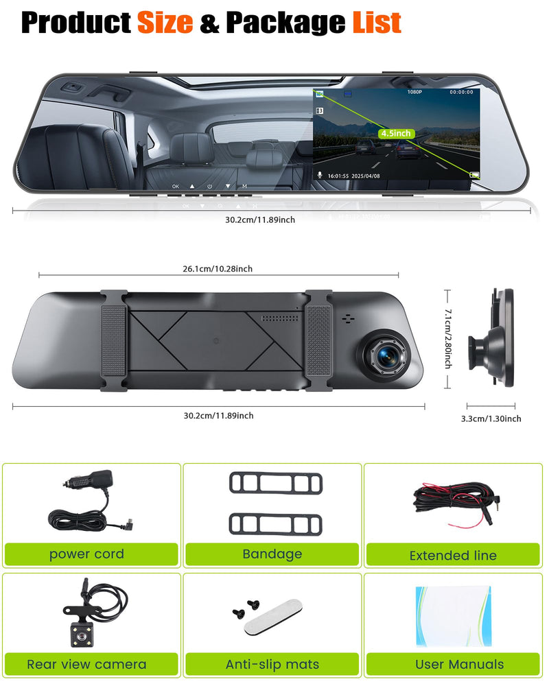[AUSTRALIA] - Mirror Dash Cam for Cars,4.5 Inch Rear View Mirror 1080P Front and Rear View Dual Cameras,Super Night Vision,Parking Assistance,24H Parking Monitor,Waterproof Backup Camera 4.5 Inch 1080P 