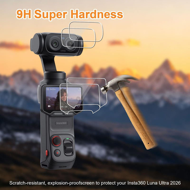 2 Pack Tempered Glass Screen Protector with Auto Alignment OneTouch for Insta360 Luna Ultra, 2 Camera Lens Protector, 2 Screen Protector, 30 seconds Installation, 9H Hardness HD Clear Anti-Scratch