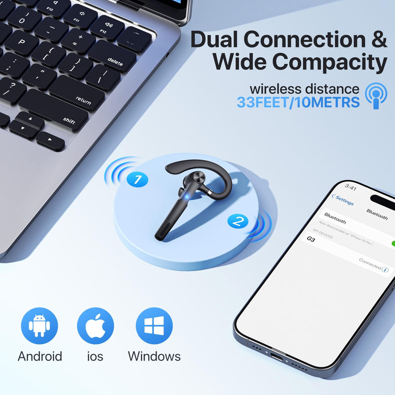 Bluetooth Headset, Wireless Headset with Microphone, V5.2 Bluetooth Earpiece with 400 mAh Display Charging Case 55H Playtime, ENC Noise Cancelling,Hand-Free Headphones for Trucker, Office
