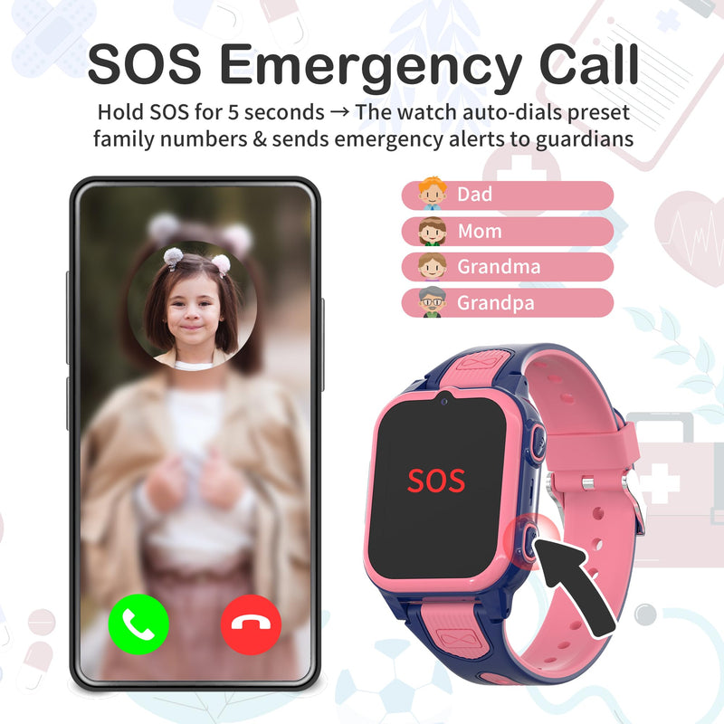 4G Kids Smart Watch with GPS Tracker Video Voice Calling Text Chat SOS Call, Waterproof Smartwatch Age 5-12, Wallpaper Store School Model Camera Pedometer Game Alarm Clock Stopwatch for Kid(Pink)