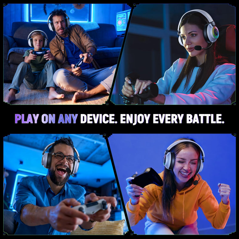Wireless Gaming Headset for Ps5 Ps4 - 2.4GHz, Bluetooth, Wired, 7.1 Surround Sound, Noise Cancelling Mic, RGB Lights, 40H+ Battery, Lossless Audio, Comfy Over Ear Headphones for PC, Switch, Xbox, Mac White