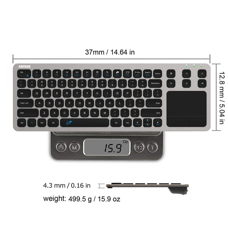 Wireless Keyboard, Arteck 2.4G Wireless Touch TV Keyboard with Easy Media Control and Built-In Touchpad Mouse Solid Stainless Ultra Compact Full Size Keyboard for TV-Connected Computer, Smart TV, HTPC