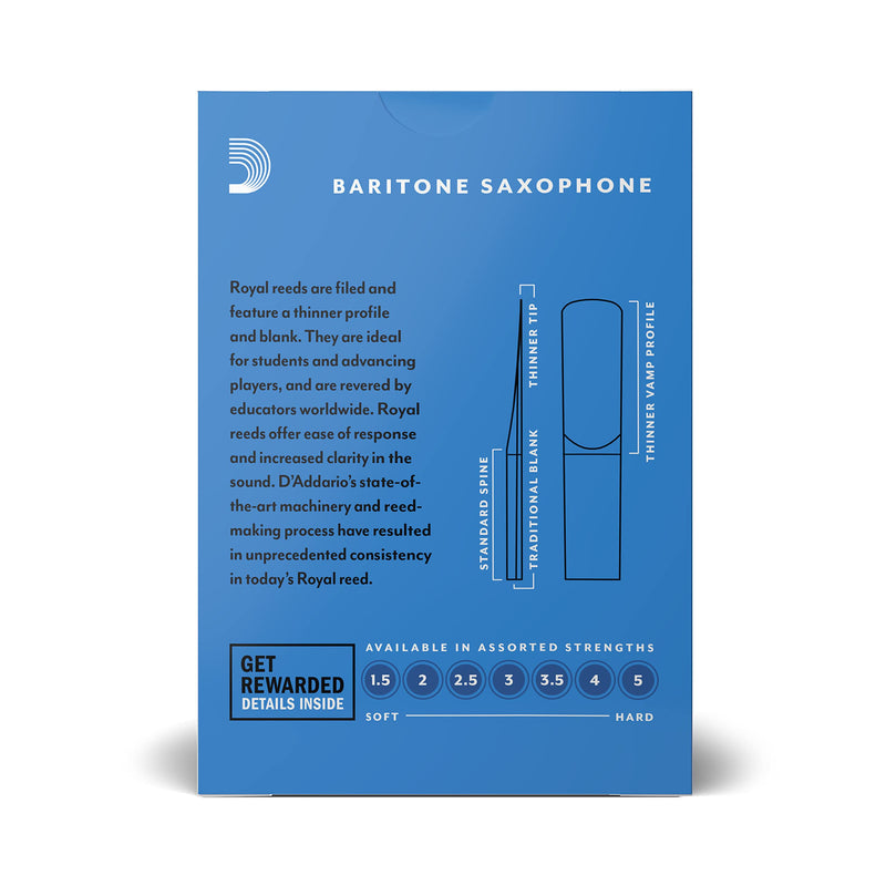D'Addario Woodwinds - Royal Baritone Saxophone Reeds - Baritone Sax Reeds with Strong Spine - Great for Classical or Jazz - Strength 3.5