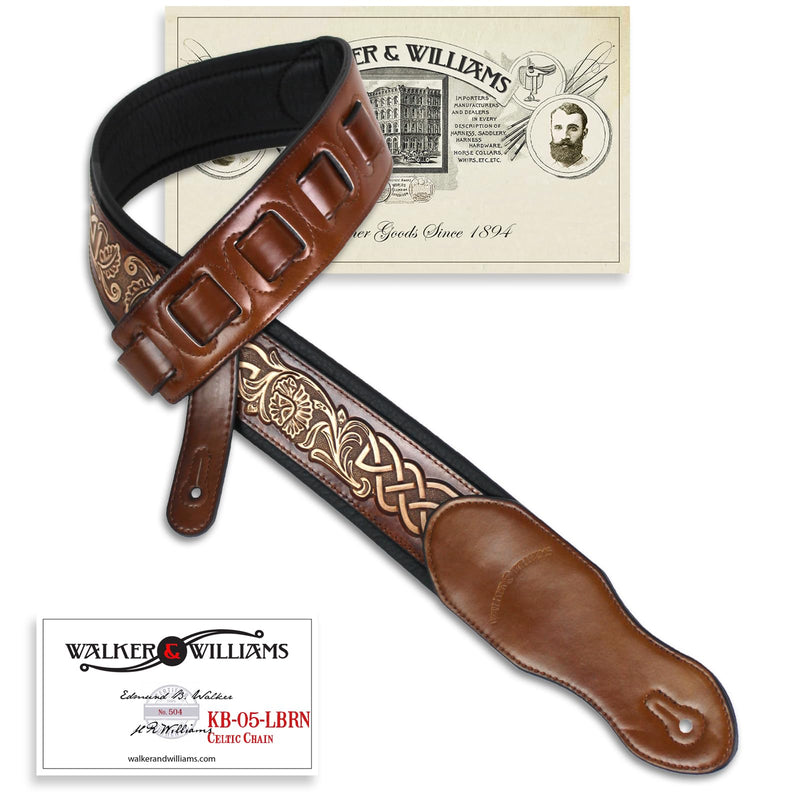 Walker & Williams KB-05-TAN Soft Brown Tan Full Grain Center Block Carving Leather Padded Guitar Strap With Aged White Celtic Chain For Acoustic, Electric, And Bass Guitars
