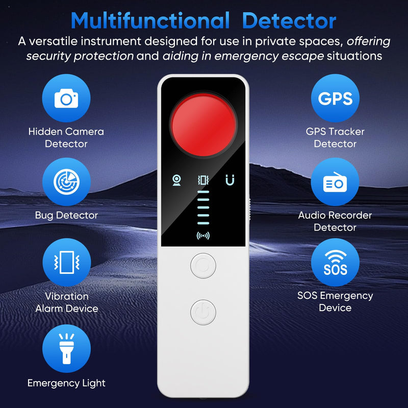 [AUSTRALIA] - Hidden Camera Detector 2025 Anti-Spy Camera Finder with 5 Levels Sensitivity - GPS Tracker Detector - Bug Finder - Emergency Light for Home, Car, Hotel and Office - White 