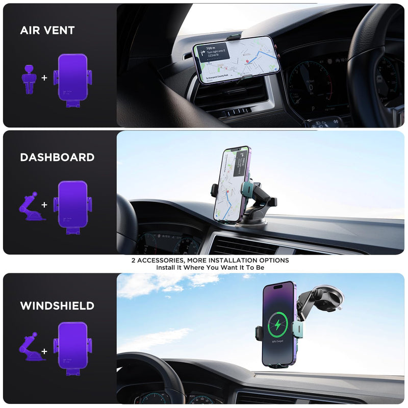 Wireless Car Charger,【7 Colored LED Backlit】 15W Auto Clamping Phone Mount Holder fit for iPhone 15 14 13 12 Mini Pro Max 11 XR XS X, Samsung Galaxy S23 Ultra S22 S21+ S10+ Note 20, etc - Green