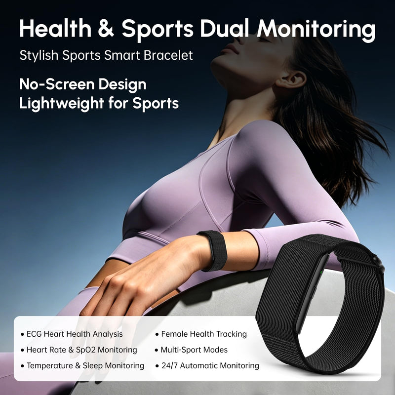 Fitness Smart Bracelet,24/7 Sleep + Health Tracker,170+ Sport Modes | Heart Rate, SpO2, Stress, Step & Calorie Tracker, 30 Days Battery, IP68 Waterproof, Screenless, Smart Wristband, Free App Black