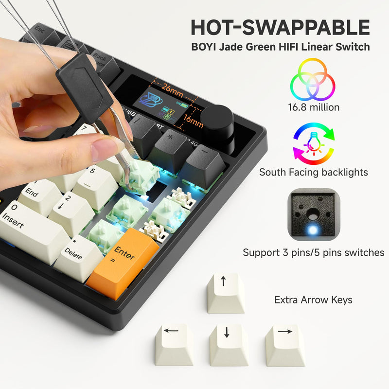 BOYI TD31Pro Mechanical Numpad,Mini Keyboard with Screen&Knob,Bluetooth5.0/2.4G/Type-C Wireless Numeric Keypad,Gasket HotSwap RGB Number Pad,PBT Keycaps Rechargeable Number keypad for PC(Black-Grey) Black-Grey