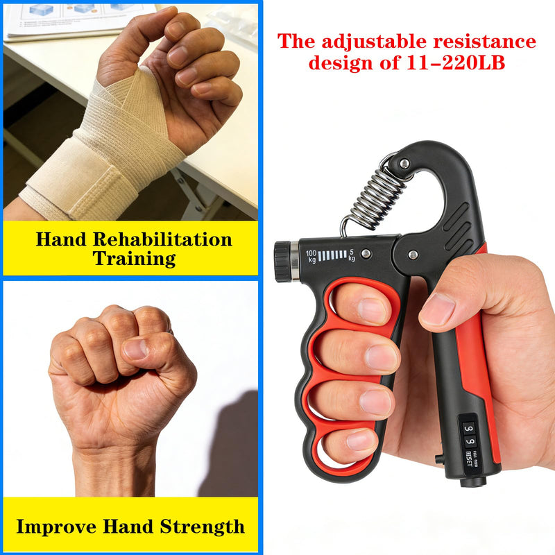Hand Gripper Strengthener, 11-220LBs Adjustable Resistance Grip Strength Trainer with Counter, Forearm Exerciser for Injury Recovery and Muscle Building Red-2PCS