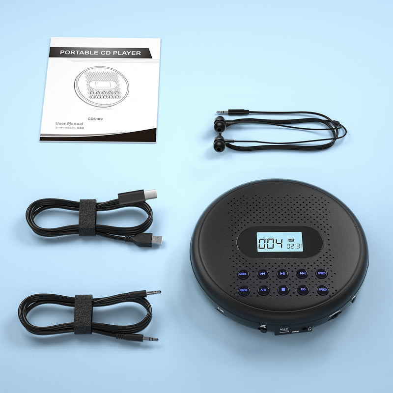 ARAFUNA Portable CD Player with Dual Stereo Speakers, Rechargeable CD Player for Car with Anti-Skip Protection, Headphones and AUX Cable Backlight Buttons Black
