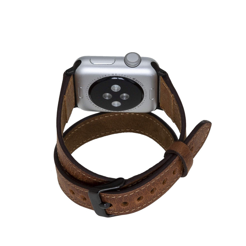 Venito Serena Slim Double Wrap Leather Watch Band Compatible with Apple Watch 42mm 44mm 45mm - iwatch Series 1, 2, 3, 4, 5, 6, 7, SE (Antique Brown w/Black Stainless Steel Hardware
