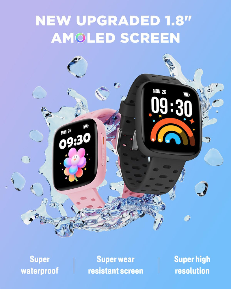 BIGGERFIVE Kids Watch No Phone Needed, 1.8" Amoled Smart Fitness Watch | Pedometer, Heart Rate, Sleep Tracker, 30m Waterproof, Step Counter, Games, 100+ Dials, Gifts for Boys Girls 5-16, Black