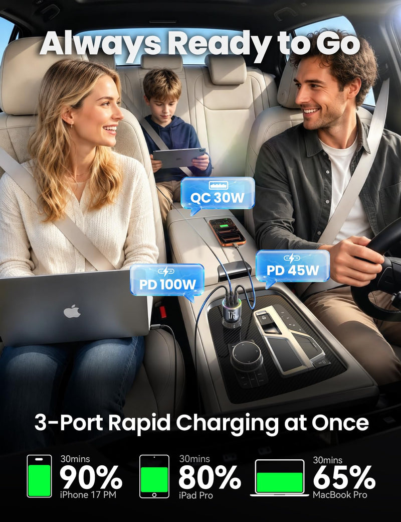 JOYROOM 175W Car Charger USB C Fast Charge, 3-Port Super Fast Car Charger | [GaN] PD100W+PD45W+QC30W, Car Cigarette Lighter USB Charger with 100W USB-C Cable for iPhone, Samsung, Pixel, MacBook, iPad 175W-BLACK