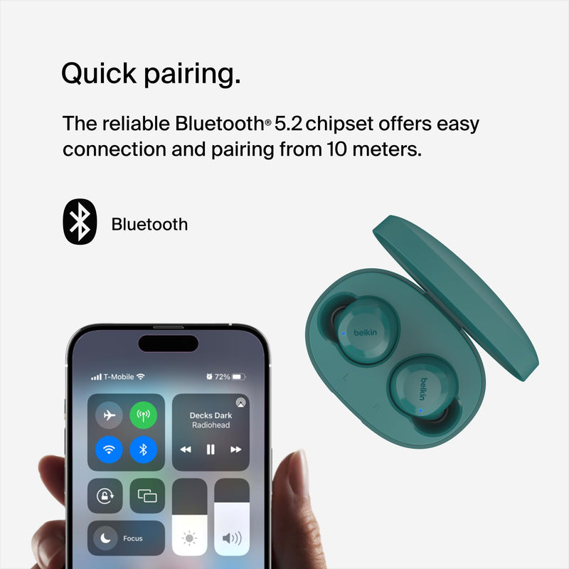 Belkin SoundForm Bolt True Wireless Earbuds, Wireless Charging, 28H | In-ear Bluetooth earbuds, IPX4 sweat resistant, USB-C and Qi charging case, mono mode, gym, commute, travel Teal