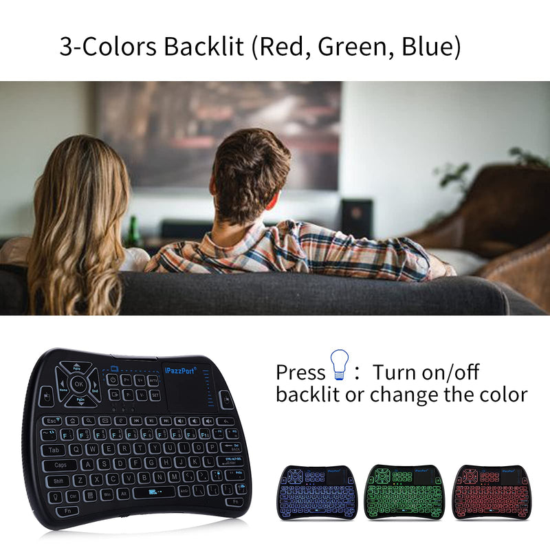 iPazzPort Backlit Mini Keyboard Bluetooth touchpad, Mini 2.4Ghz Keyboard Rechargeable, IR Learning Remote Keyboard for Google/Android TV Box, Raspberry Pi, Smart TV KP-61SM black