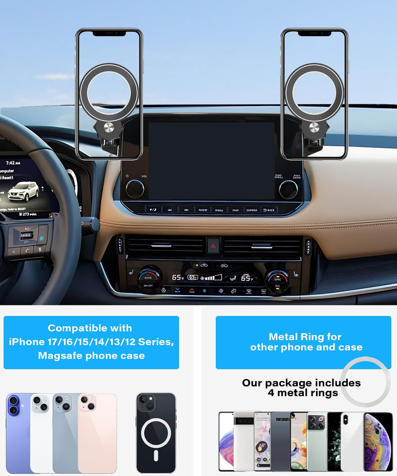 Car Phone Holder for Nissan Rogue 2021 2022 2023 9" Screen Accessories | MagSafe Strong Magnetic Clip-On Cell Phone Mount, Dual Slots Holders for Driver & Passenger, 360° Rotatable Hands-Free Holder for 2021-2023 Nissan Rogue (9 Inch Screen)