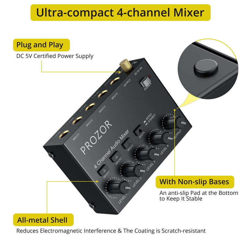 [AUSTRALIA] - PROZOR Mini Audio Mixer 4 Channel Line Mixer - USB-C Powered Sub Mixer with Volume Control & Stereo Mono Switch, Compact Low Noise Audio Mixer for Guitar, Bass, Keyboard, Recording, Streaming 