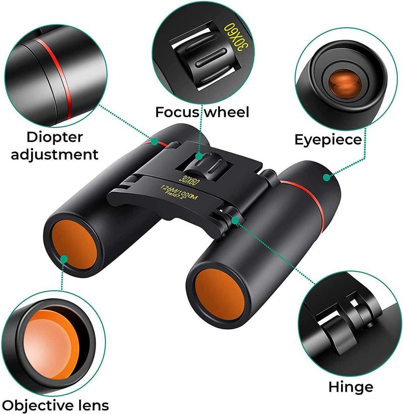 30X60 Mini Pocket Binoculars Compact, Small Lightweight Foldable for Adults Kids Bird Watching, Travel, Opera Concert, Hiking, Cruise, Football Game. Green Film, Black