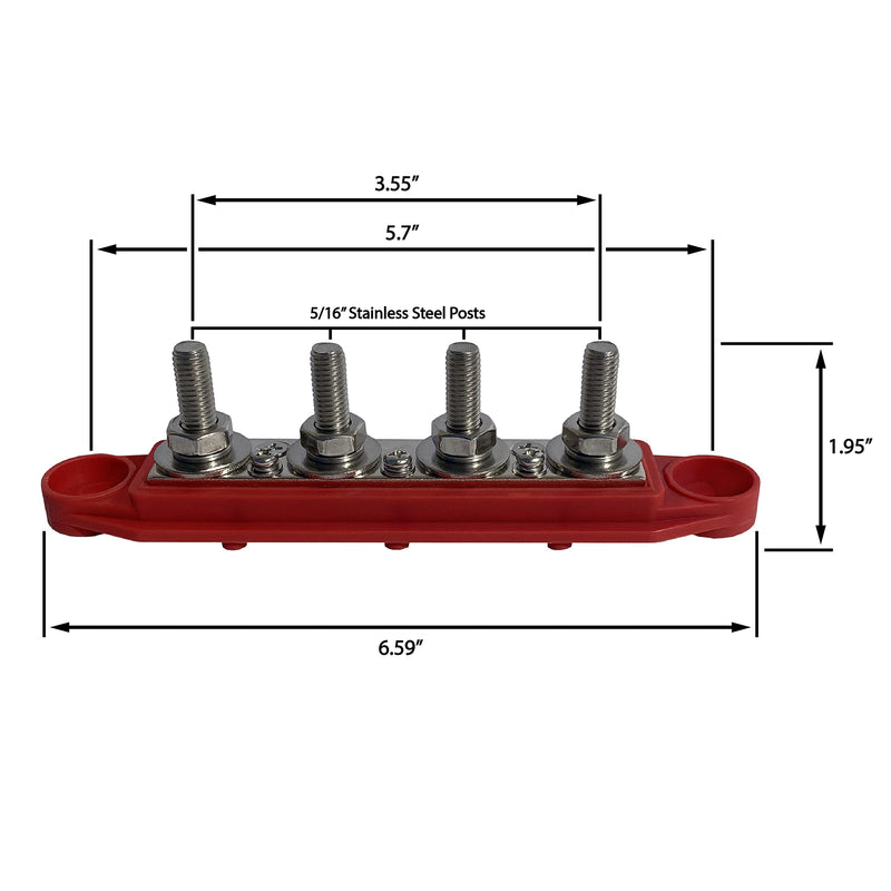 5/16" 4 Post Power Distribution Block Bus Bar Pair with Cover M8-250 Amp Rating – Marine Bus Bar, Automotive, and Solar Wiring – Battery Terminal Distribution Block (5/16", Red + Black) 5/16"