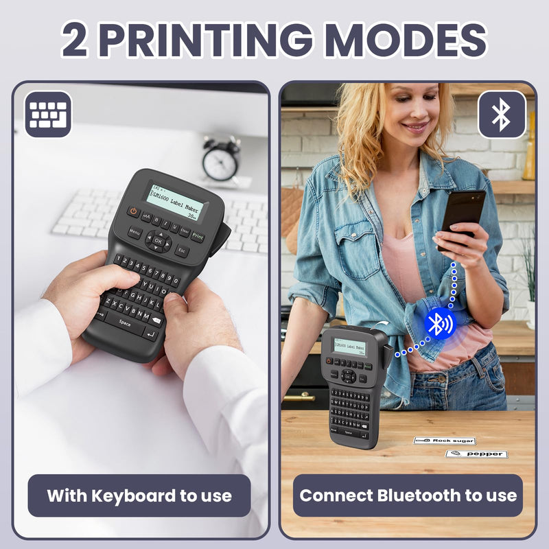 [AUSTRALIA] - Label Maker Machine with Tapes Waterproof, Rechargeable Label Maker Portable, Keyboard Label Maker with Backlit Screen, Bluetooth Labeler for School Office Industrial Use, LM1600 Black 