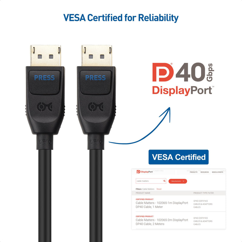 Cable Matters VESA Certified DisplayPort 2.1 Cable 2m/6.6ft, Support 40Gbps DP40 8K 60Hz, 4K 144Hz in Black & Active 8K DisplayPort Repeater, DisplayPort 1.4 Repeater